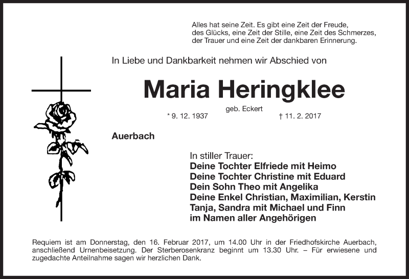 Traueranzeige für Maria Heringklee vom 14.02.2017 aus Nordbayerische Nachrichten Pegnitz Lokal