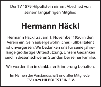 Traueranzeige von Hermann Häckl von Roth-Hilpoltsteiner Volkszeitung Lokal
