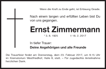 Traueranzeige von Ernst Zimmermann von Gesamtausgabe Nürnberger Nachrichten/ Nürnberger Ztg.