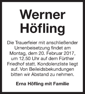 Traueranzeige von Werner Höfling von Gesamtausgabe Nürnberger Nachrichten/ Nürnberger Ztg.