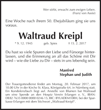 Traueranzeige von Waltraud Kreipl von Gesamtausgabe Nürnberger Nachrichten/ Nürnberger Ztg.