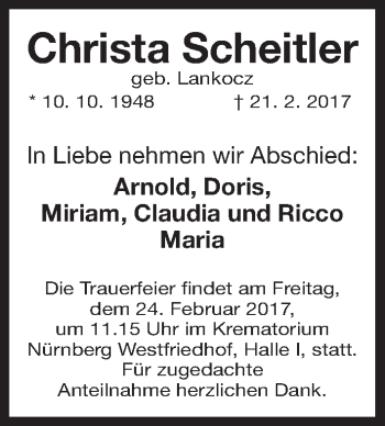 Traueranzeige von Christa Scheitler von Gesamtausgabe Nürnberger Nachrichten/ Nürnberger Ztg.