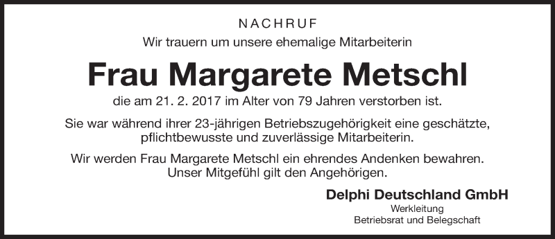  Traueranzeige für Margarete Metschl vom 23.02.2017 aus Neumarkter Nachrichten Lokal