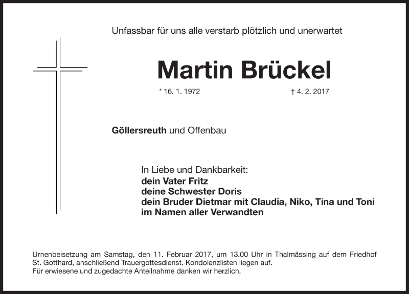  Traueranzeige für Martin Brückel vom 09.02.2017 aus Roth-Hilpoltsteiner Volkszeitung Lokal