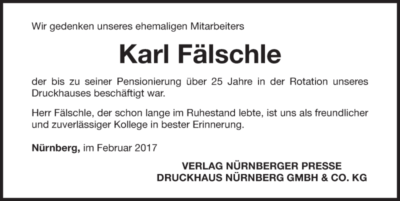 Traueranzeige für Karl Fälschle vom 17.02.2017 aus Gesamtausgabe Nürnberger Nachrichten/ Nürnberger Ztg.