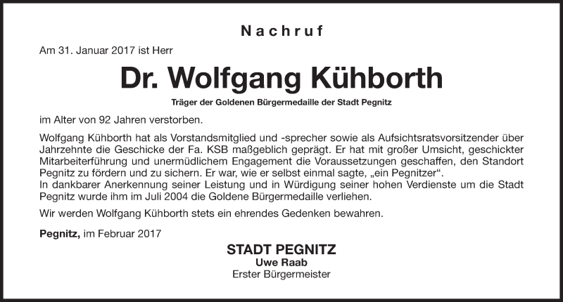  Traueranzeige für Wolfgang Kühborth vom 08.02.2017 aus Nordbayerische Nachrichten Pegnitz Lokal