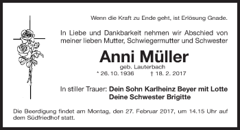 Traueranzeige von Anni Müller von Gesamtausgabe Nürnberger Nachrichten/ Nürnberger Ztg.