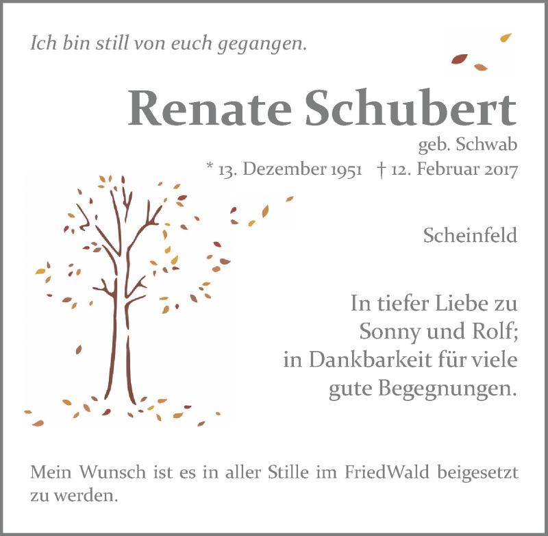  Traueranzeige für Renate Schubert vom 18.02.2017 aus Gesamtausgabe Nürnberger Nachrichten/ Nürnberger Ztg.