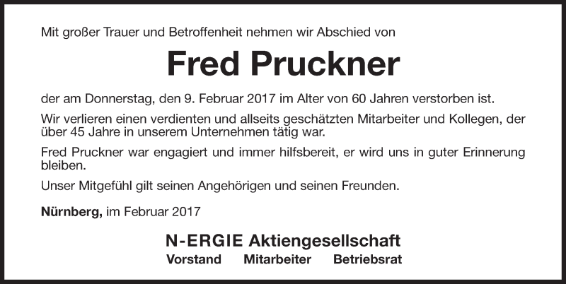  Traueranzeige für Fred Pruckner vom 16.02.2017 aus Gesamtausgabe Nürnberger Nachrichten/ Nürnberger Ztg.