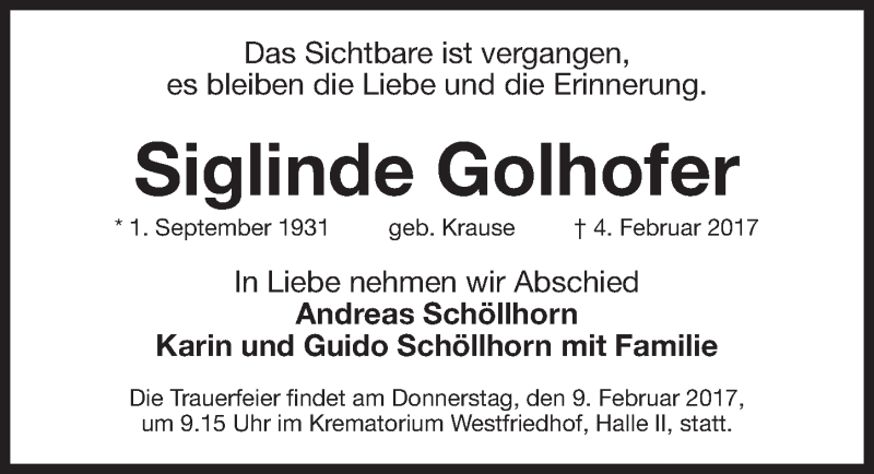  Traueranzeige für Siglinde Golhofer vom 07.02.2017 aus Gesamtausgabe Nürnberger Nachrichten/ Nürnberger Ztg.