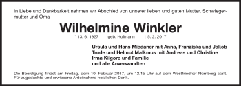Traueranzeige von Wilhelmine Winkler von Gesamtausgabe Nürnberger Nachrichten/ Nürnberger Ztg.