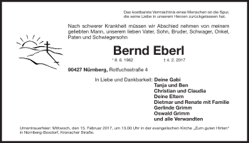 Traueranzeige von Bernd Eberl von Gesamtausgabe Nürnberger Nachrichten/ Nürnberger Ztg./ Fürther Nachrichten