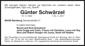 Traueranzeige von Günter Schwärzel von Gesamtausgabe Nürnberger Nachrichten/ Nürnberger Ztg.
