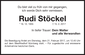 Traueranzeige von Rudi Stöckel von Gesamtausgabe Nürnberger Nachrichten/ Nürnberger Ztg.
