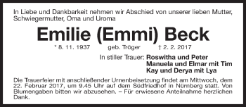Traueranzeige von Emilie  Beck von Gesamtausgabe Nürnberger Nachrichten/ Nürnberger Ztg.