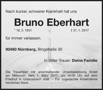 Traueranzeige von Bruno Eberhart von Gesamtausgabe Nürnberger Nachrichten/ Nürnberger Ztg.