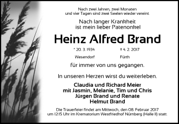 Traueranzeige von Heinz Alfred Brand von Gesamtausgabe Nürnberger Nachrichten/ Nürnberger Ztg./ Fürther Nachrichten