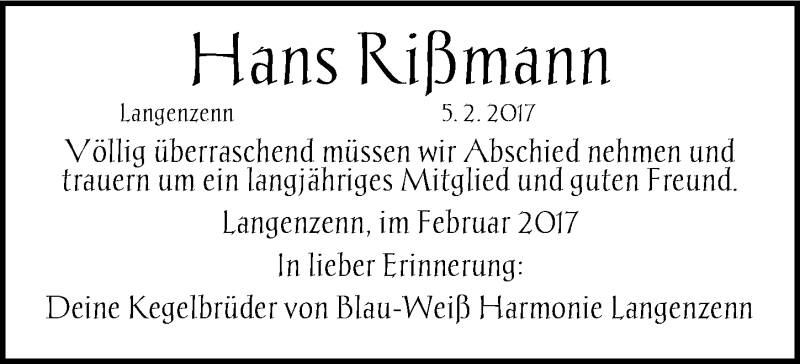  Traueranzeige für Hans Rißmann vom 10.02.2017 aus Fürther Nachrichten Lokal