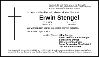 Traueranzeige von Erwin Stengel von Schwabach