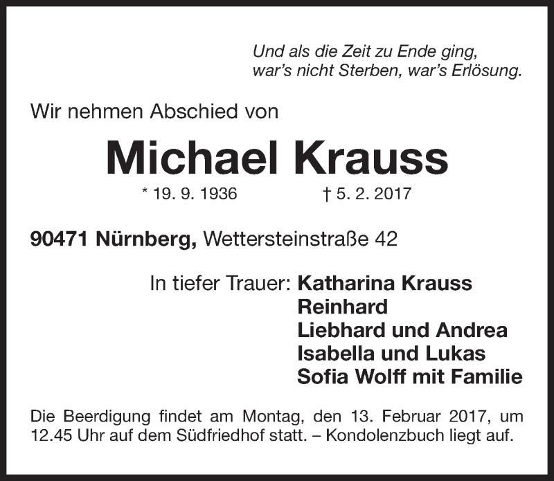  Traueranzeige für Michael Krauss vom 08.02.2017 aus Gesamtausgabe Nürnberger Nachrichten/ Nürnberger Ztg.