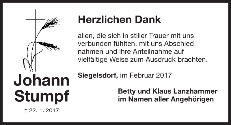  Traueranzeige für Johann Stumpf vom 18.02.2017 aus Fürther Nachrichten Lokal