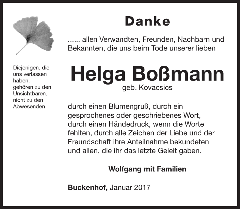  Traueranzeige für Helga Boßmann vom 04.02.2017 aus Erlanger Nachrichten Lokal