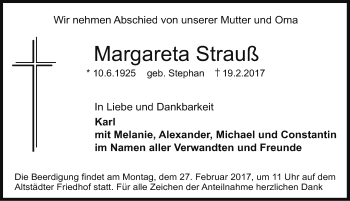Traueranzeige von Margareta Strauß von Erlanger Nachrichten Lokal
