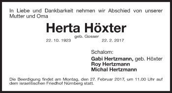 Traueranzeige von Herta Höxter von Gesamtausgabe Nürnberger Nachrichten/ Nürnberger Ztg.