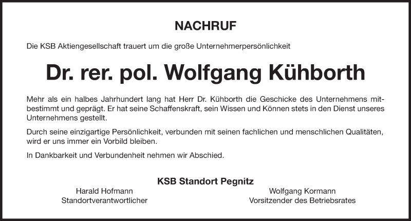  Traueranzeige für Wolfgang Kühborth vom 08.02.2017 aus Nordbayerische Nachrichten Pegnitz Lokal