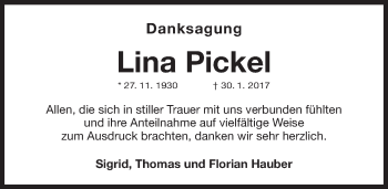 Traueranzeige von Lina Pickel von Gesamtausgabe Nürnberger Nachrichten/ Nürnberger Ztg.