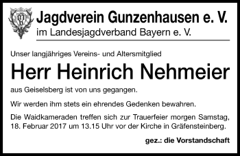 Traueranzeige von Heinrich Nehmeier von Altmühl-Bote Lokal