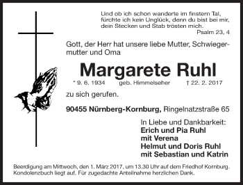Traueranzeige von Margarete Ruhl von Gesamtausgabe Nürnberger Nachrichten/ Nürnberger Ztg.