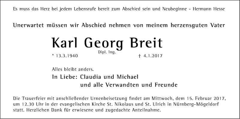  Traueranzeige für Karl Georg Breit vom 11.02.2017 aus Gesamtausgabe Nürnberger Nachrichten/ Nürnberger Ztg.