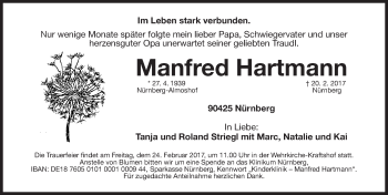 Traueranzeige von Manfred Hartmann von Gesamtausgabe Nürnberger Nachrichten/ Nürnberger Ztg.