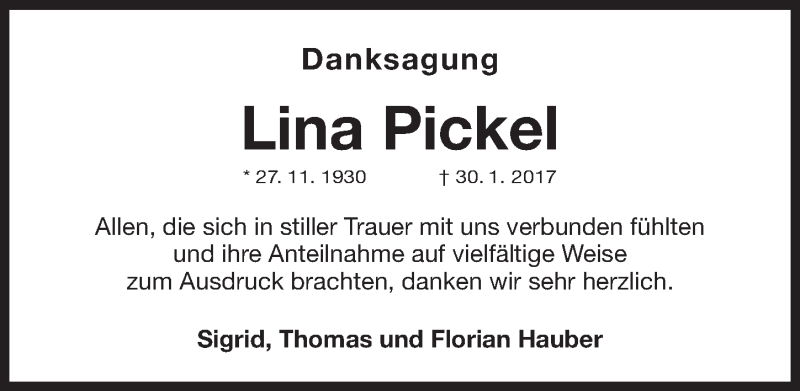  Traueranzeige für Lina Pickel vom 25.02.2017 aus Gesamtausgabe Nürnberger Nachrichten/ Nürnberger Ztg.