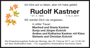 Traueranzeige von Rudolf Kastner von Gesamtausgabe Nürnberger Nachrichten/ Nürnberger Ztg.