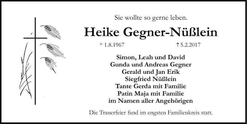  Traueranzeige für Heike Gegner-Nüßlein vom 17.02.2017 aus Erlanger Nachrichten Lokal