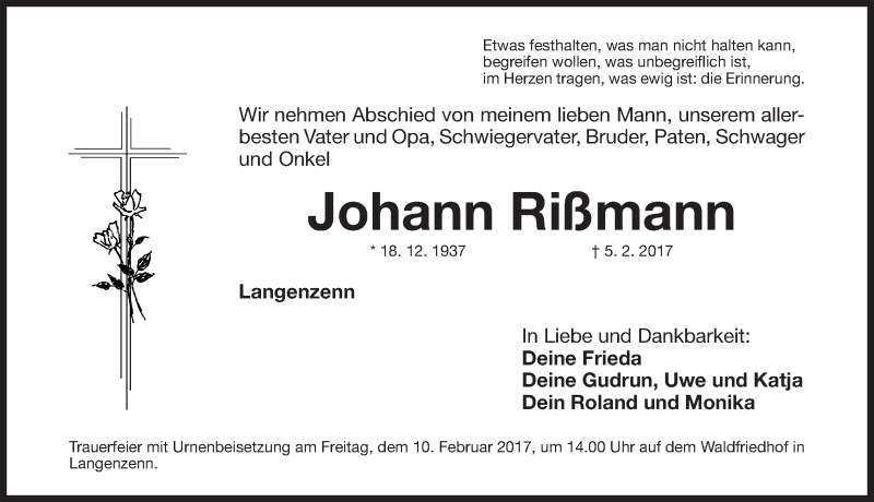  Traueranzeige für Johann Rißmann vom 08.02.2017 aus Fürther Nachrichten Lokal