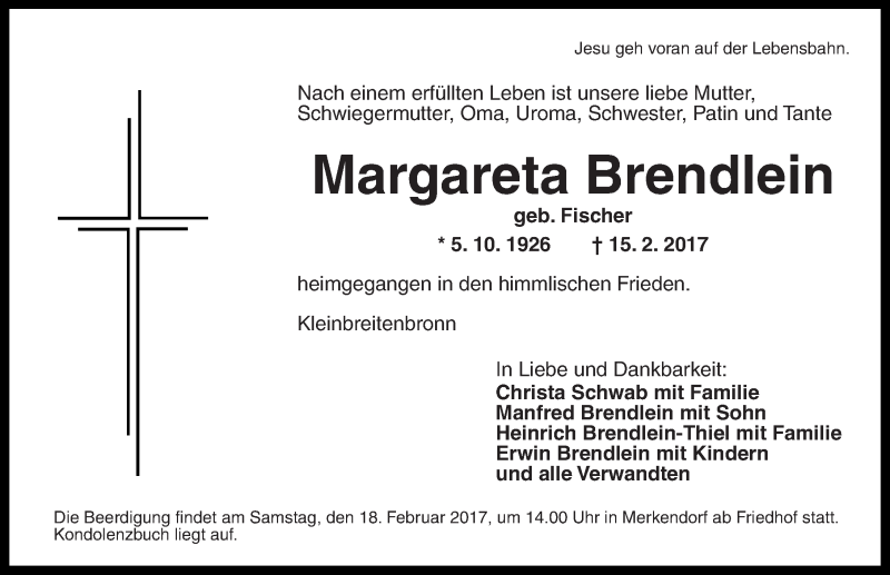  Traueranzeige für Margareta Brendlein vom 17.02.2017 aus Altmühl-Bote Lokal