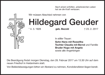 Traueranzeige von Hildegard Geuder von Altmühl-Bote Lokal