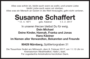 Traueranzeige von Susanne Schaffert von Gesamtausgabe Nürnberger Nachrichten/ Nürnberger Ztg.