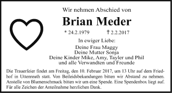 Traueranzeige von Brian Meder von Gesamtausgabe Nürnberger Nachrichten/ Nürnberger Ztg.