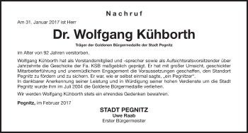 Traueranzeige von Wolfgang Kühborth von Nordbayerische Nachrichten Pegnitz Lokal