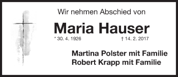 Traueranzeige von Maria Hauser von Erlanger Nachrichten Lokal