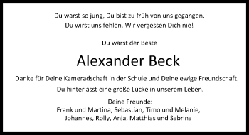 Traueranzeige von Alexander Beck von Gesamtausgabe Nürnberger Nachrichten/ Nürnberger Ztg.