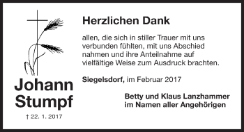 Traueranzeige von Johann Stumpf von Fürther Nachrichten Lokal