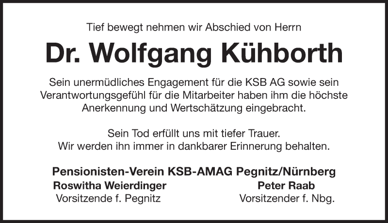  Traueranzeige für Wolfgang Kühborth vom 09.02.2017 aus Nordbayerische Nachrichten Pegnitz Lokal