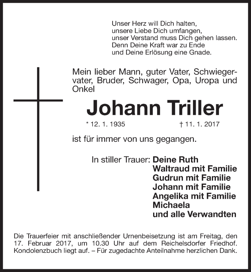 Traueranzeige für Johann Triller vom 15.02.2017 aus Gesamtausgabe Nürnberger Nachrichten/ Nürnberger Ztg.