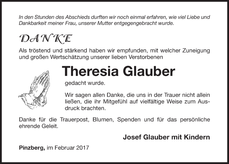  Traueranzeige für Theresia Glauber vom 11.02.2017 aus Nordbayerische Nachrichten Forchheim Lokal