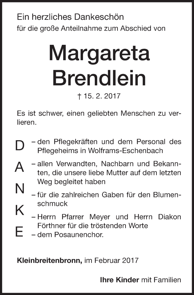  Traueranzeige für Margareta Brendlein vom 01.03.2017 aus Altmühl-Bote Lokal